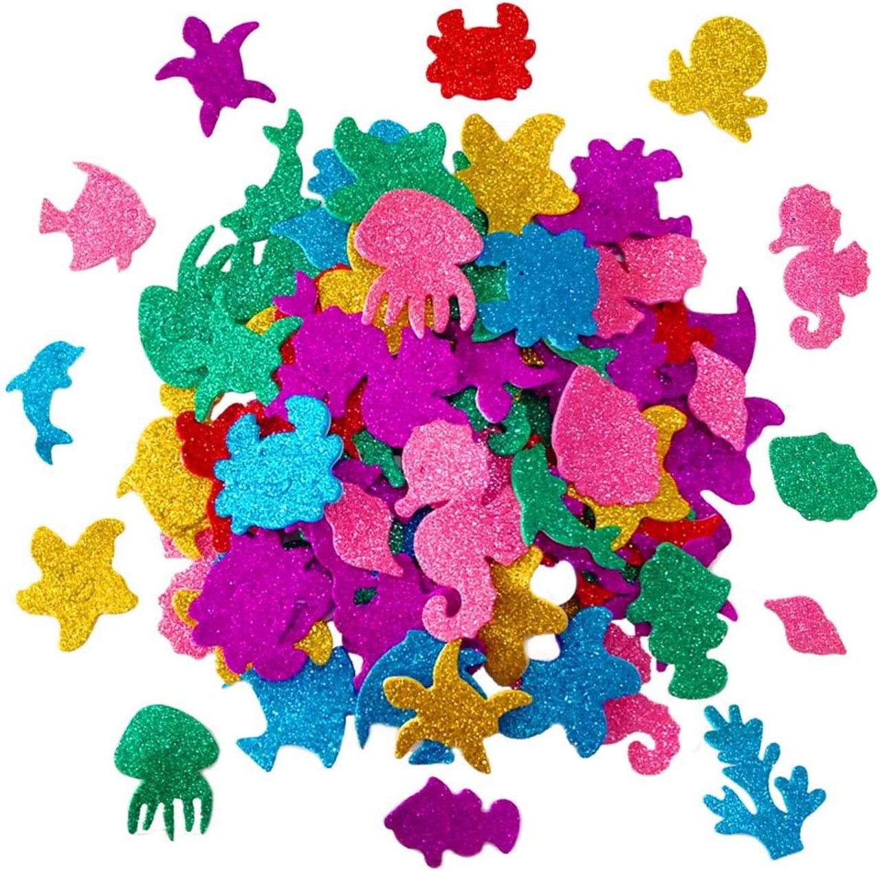 Glitter Colorful Sea Animals Shapes Foam Stickers Self Adhesive Kid's Arts Craft Supplies for Greeting Cards DIY Scrapbooking Cards Wall Creative Toys Home Decoration (Random Colors)